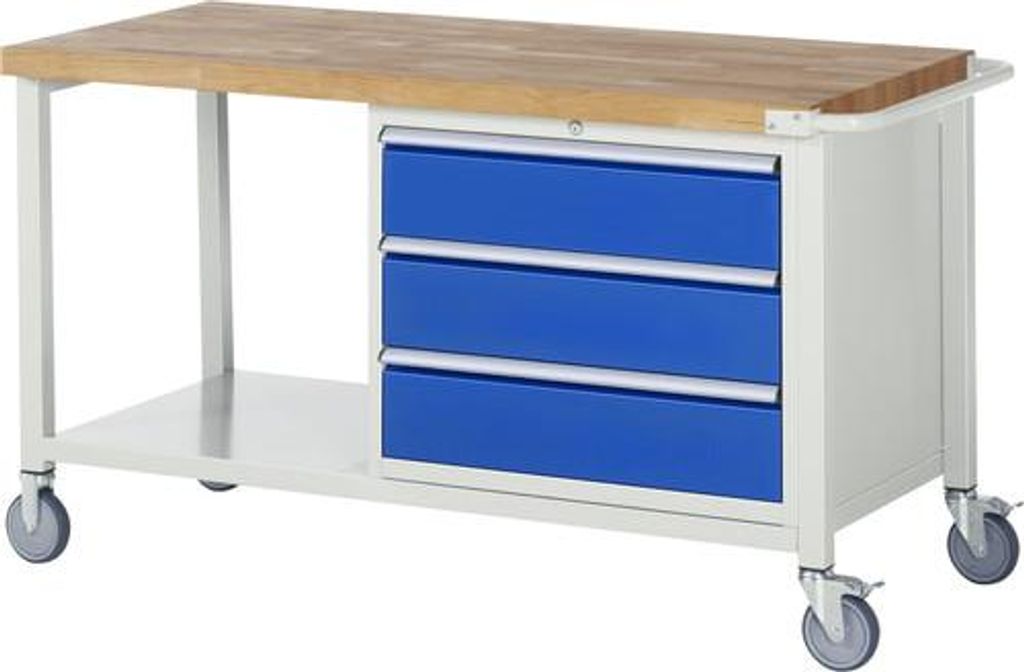 Mobile Werkbank mit Ablageboden - 3 XL Schubladen - Teilauszug - 180:3 - 880 x 1.500 x 700 mm (HxBxT) - Traglast 450 kg - Buche