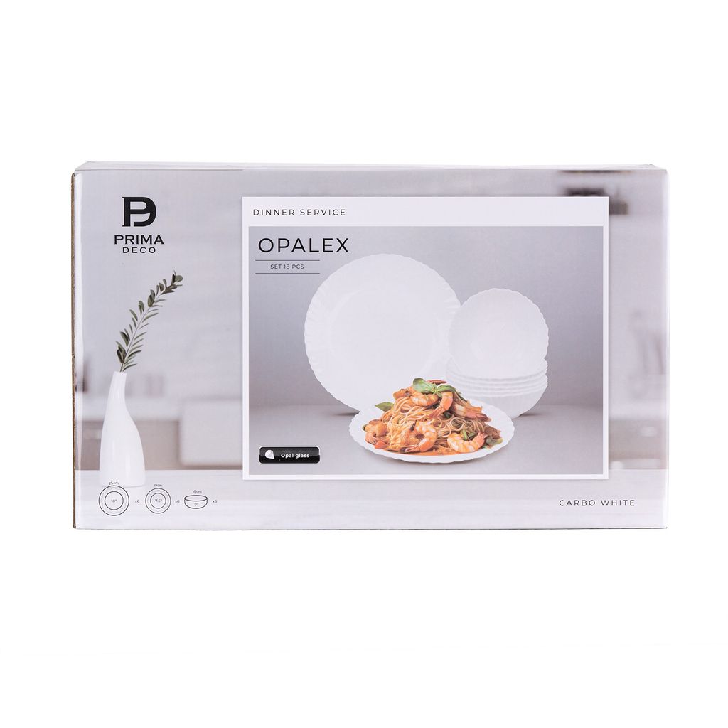 A product box for a dinner service set, featuring an image of plates and food.