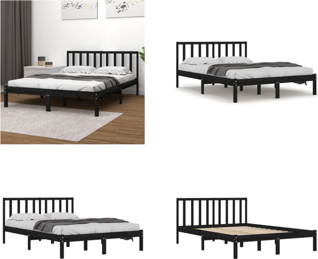 vidaXL Massivholzbett Schwarz Kiefer 140x190 cm - Bettrahmen - Bettgestell - Bett - Holzbett