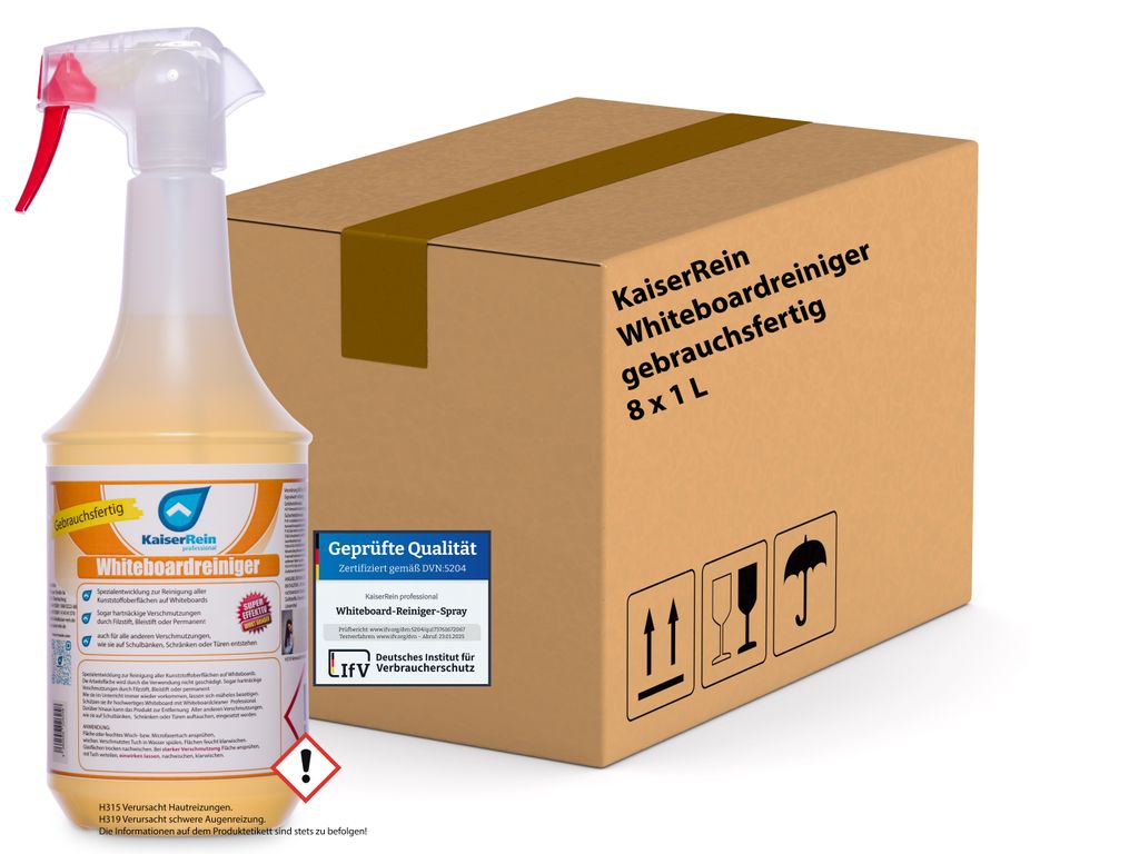 KaiserRein Whiteboard Reiniger Spray 8 x 1L (Karton) vielseitig verwendbar für Kunststoffoberflächen I Whiteboardreiniger gegen permanent Stifte...