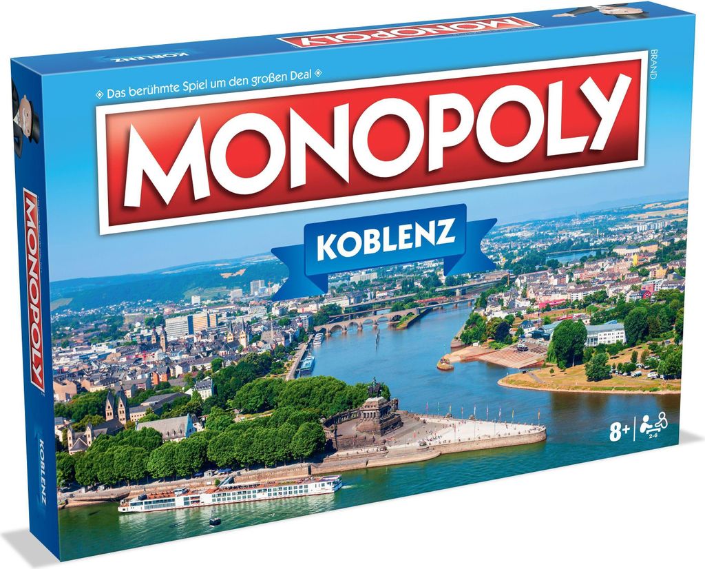 A Monopoly board game box featuring a cityscape of Koblenz, Germany.