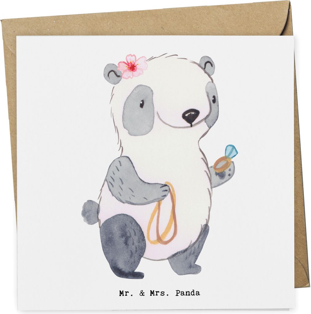 Mr. & Mrs. Panda Grußkarte Schmuckverkäuferin Herz - Weiß - Geschenk, Juwelier, Ausbildung, Goldschmied, Glückwunschkarte, Goldschmuck, Klappka...