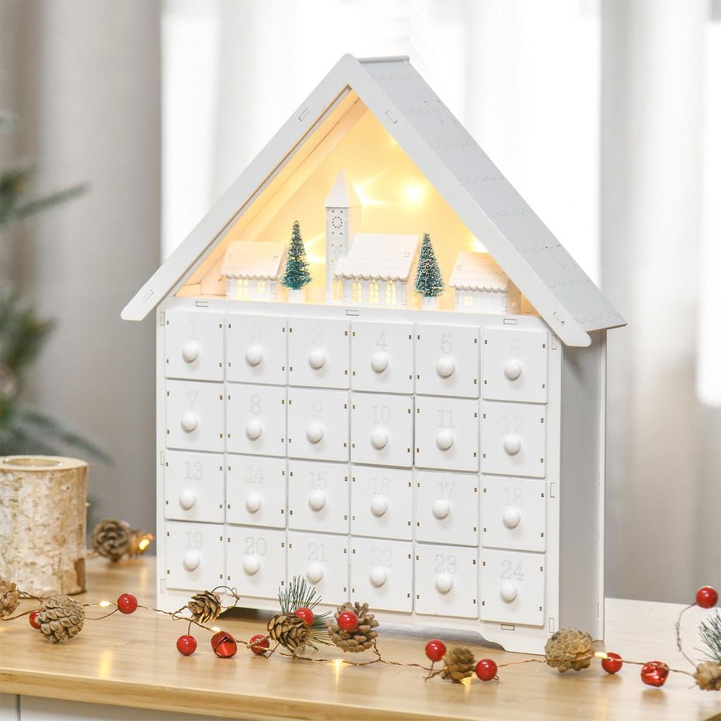 Weihnachtskalender mit 24 Schubladen & LED-Lichtern 2-in-1-Design Adventskalender Weihnachtsdeko 39 x 9 x 42 cm Weiß