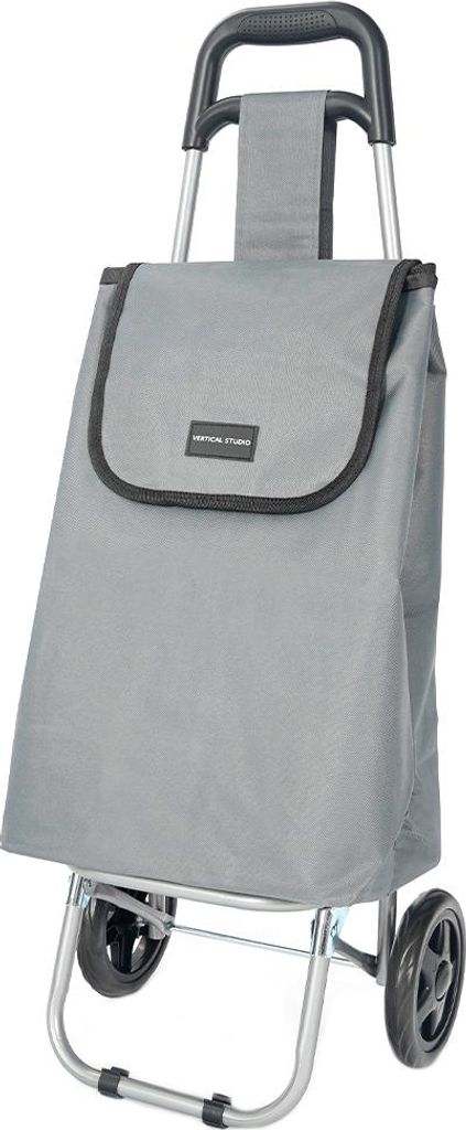 A gray shopping trolley with black wheels and handle, shown against a white background.