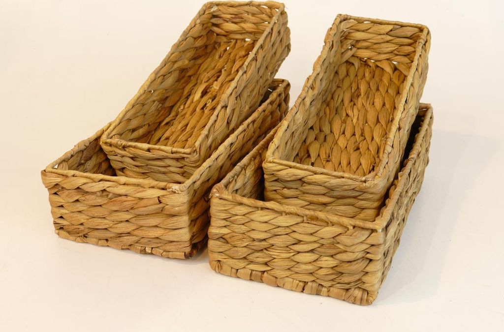 Besteckkörbe 'Pia' 4er Set (2+2) aus Wasserhyazinthe natur atmungsaktiv Aufbewahrungsbox Kosmetikkorb Schublade, Silber:natur