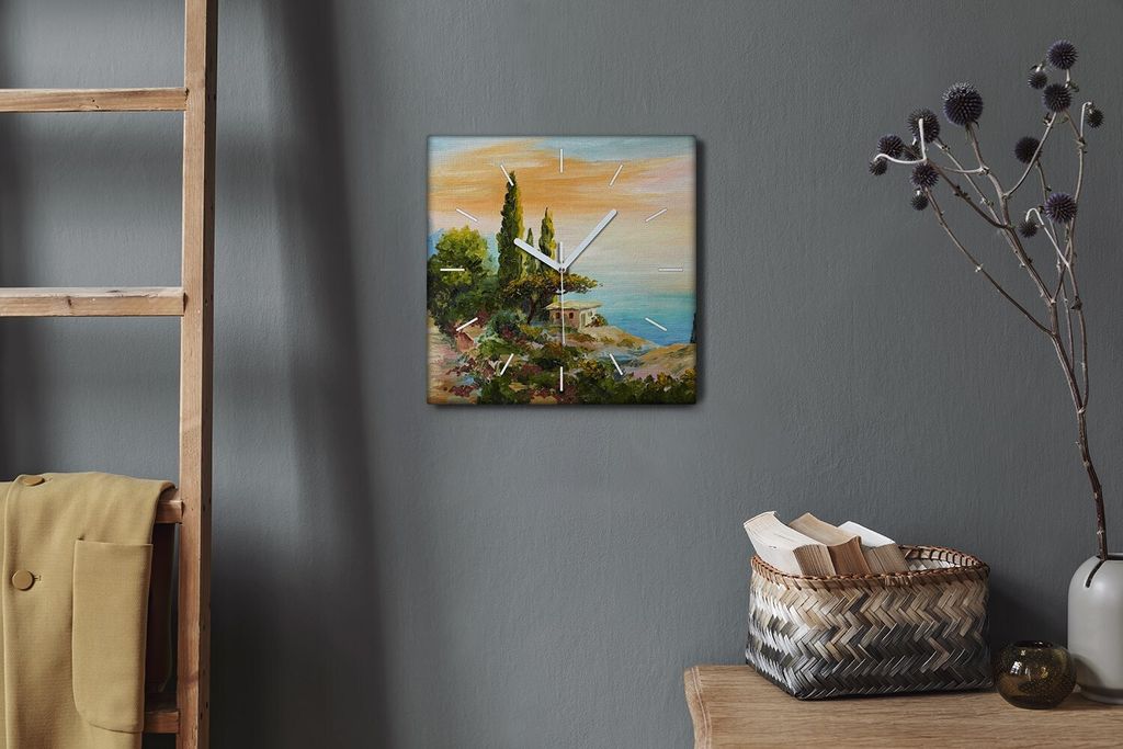 Coloray Hodiny Unikátní 30x30 cm Tiché hodiny Pro obývací pokoj a kuchyň Nástěnné hodiny Plátno Bílé ručičky hodin - Stromy pobřežn...