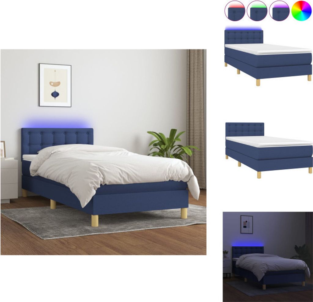vidaXL Boxspringbett mit Matratze & LED Blau 90x200 cm Stoff - Betten & Bettgestelle