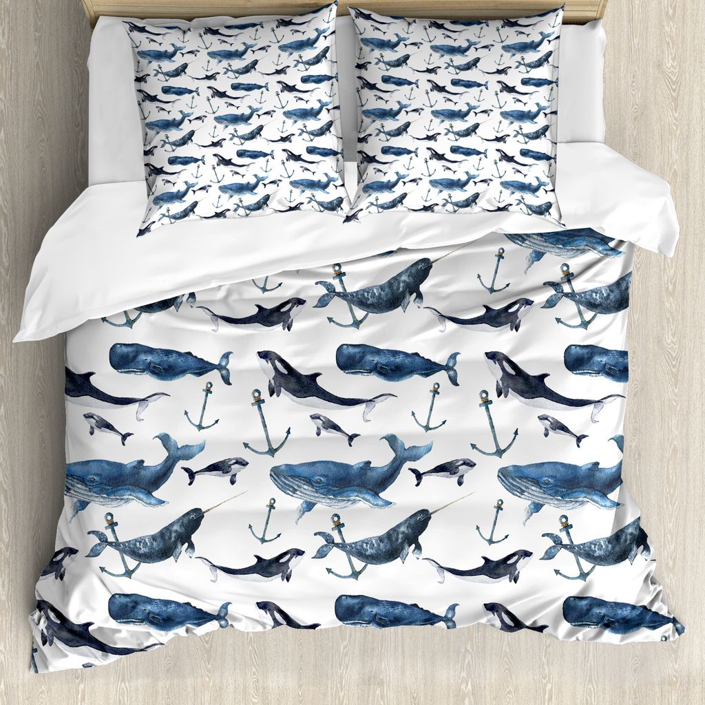 ABAKUHAUS Narwal Bettbezug, Orcas und Blauwal, Milbensicher Allergiker geeignet mit Kissenbezügen, 200 cm x 200 cm - 80 x 80 cm, Blau, Grau, Dunke...