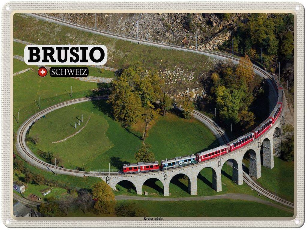 vianmo Blechschild 30x40 cm Brusio Schweiz Kreisviadukt Zug Bildmotiv Reisemotiv Abenteuer Reisen