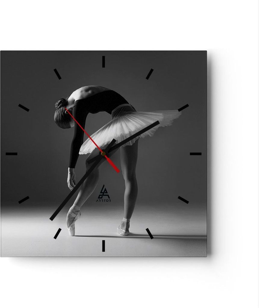 Wanduhr - Quadrat - Glasuhr - Ballerina Figur Schwarz und Weiß - 30x30cm - Schleichendes Uhrwerk - Lautlos - zum Aufhängen bereit - Dekoration Mo...