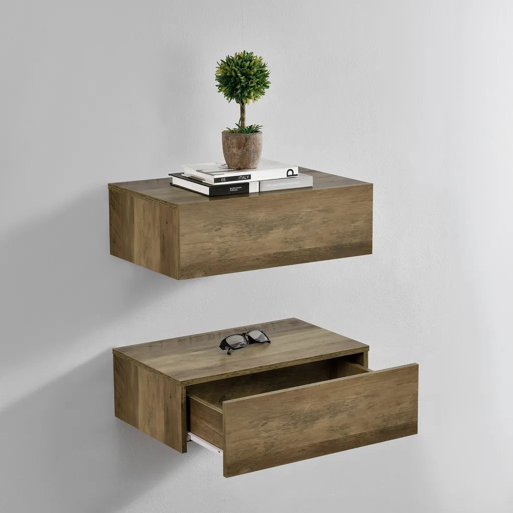 Eleganti Mensole Sospese Oslo Effetto Legno Set di 2 con Cassetto