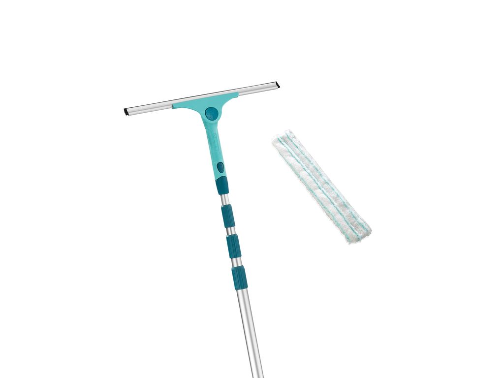 A teal and silver window cleaning tool with an extendable handle and a separate microfiber cleaning pad, isolated on a white background.