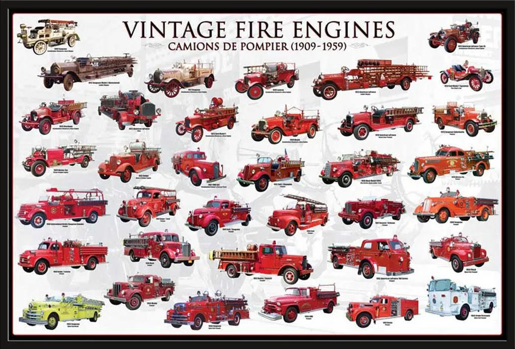 Affiche Camions de Pompiers Vintage et Cadre Shinsuke Maxi 61x91,5 cm