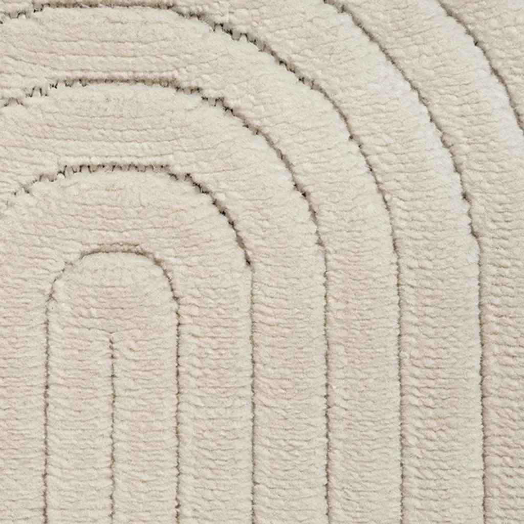 Tapis design beige à lignes géométriques, velours bas et forme ronde - 3