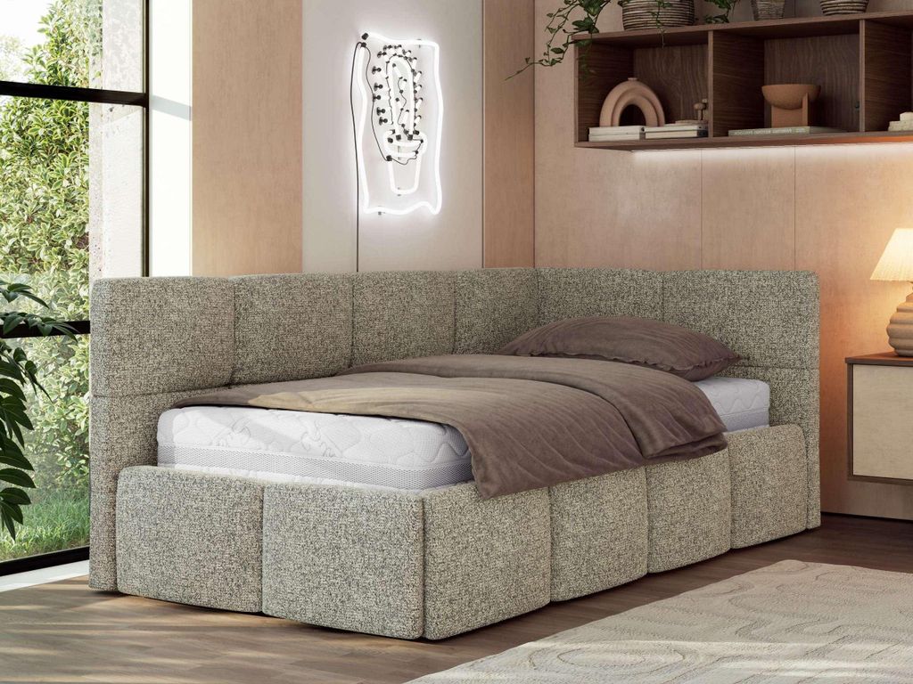 MKS MEBLE Jugendbett 90x200 cm ARVO Polsterbett mit Bettkasten, Mettalrahmen Stauraum & Gasdruckfeder, Pocket Matratze - Grau Strukture - Rechts Seite