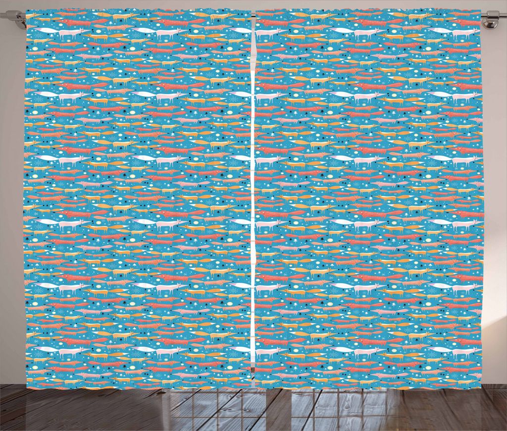 ABAKUHAUS Fuchs Rustikaler Gardine, Tiere mit Tiny Kiefern, Schlafzimmer Kräuselband Vorhang mit Schlaufen und Haken, 280 x 225 cm, Mehrfarbig