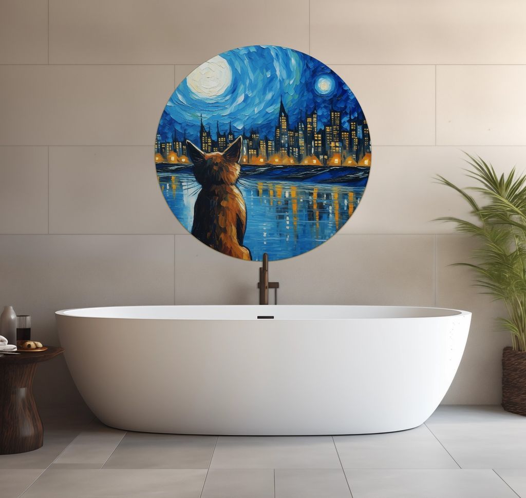 Wallario wasserfestes Poster selbstklebend 90 x 90 cm, Katze im Mondschein, Badezimmerposter Spritzschutz mit Hochglanzoberfläche in Glasoptik