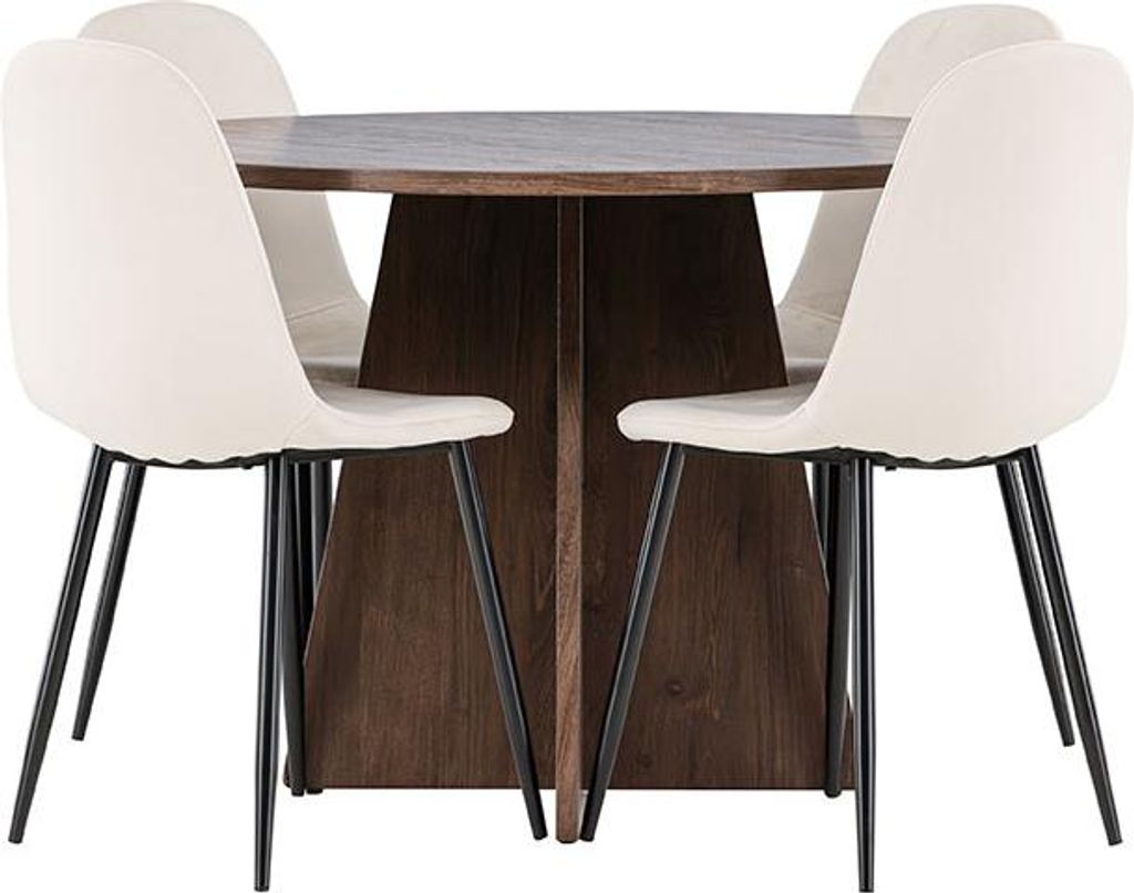 Bootcut Essgruppe Tisch Ø110cm und 4 Velours Stühle mocca.