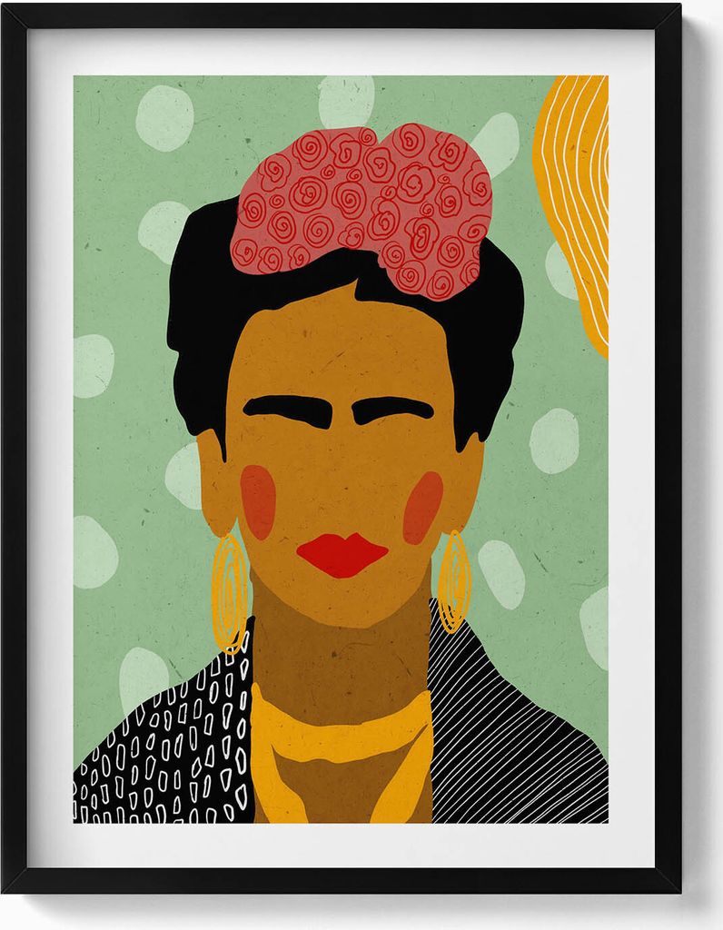 Frida Porträt Illustration– Wandbild mit Rahmen – Gerahmtes Bild – Wanddekoration – 60x80 cm – Schwarz Rahmen