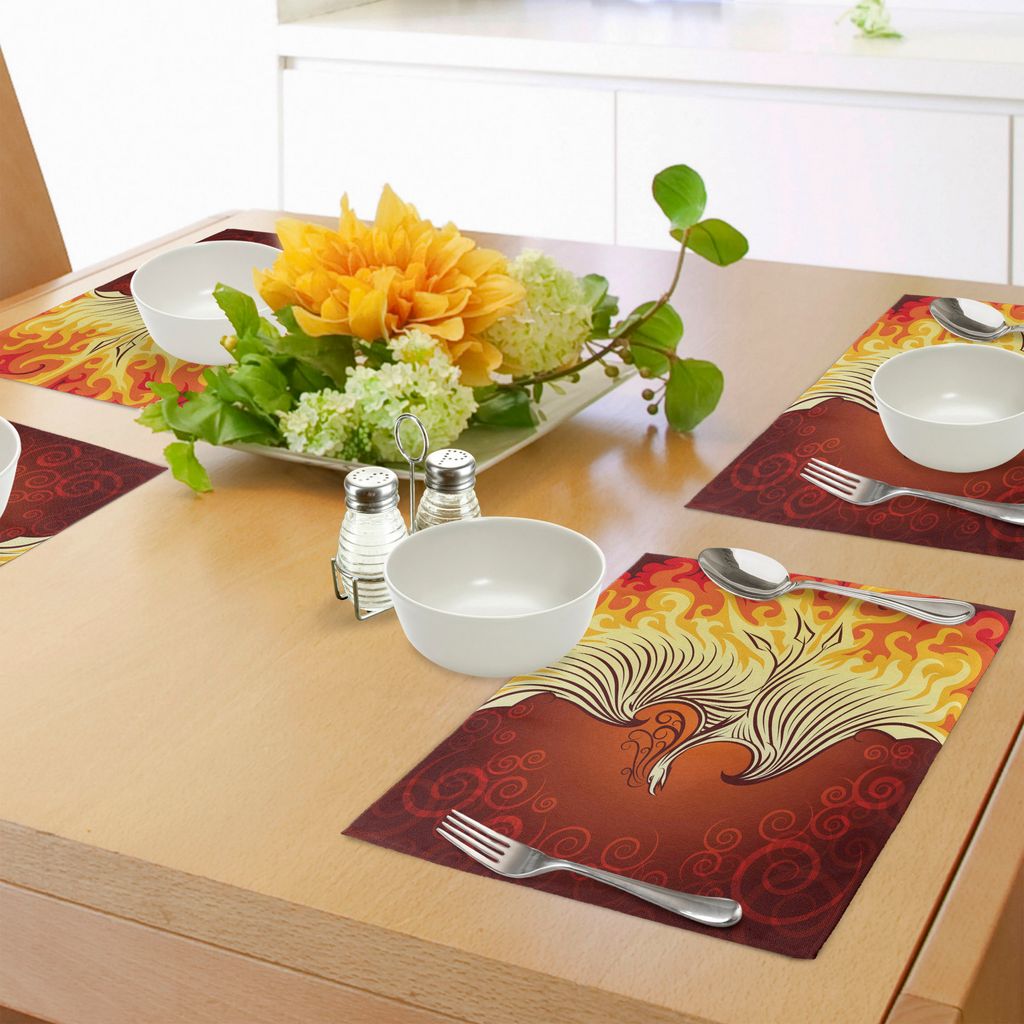 ABAKUHAUS Orange Platzmatten, Illustration des Fliegen-Phoenix-Vogels im brennenden Flammen-Fabelwesen-Druck, Tiscjdeco aus Farbfesten Stoff für d...