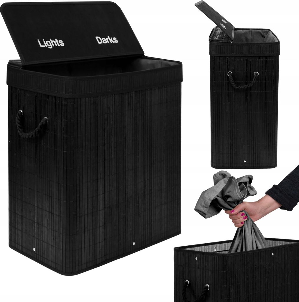 Collage of a black bamboo laundry basket with a lid, showing different angles and a person using it.