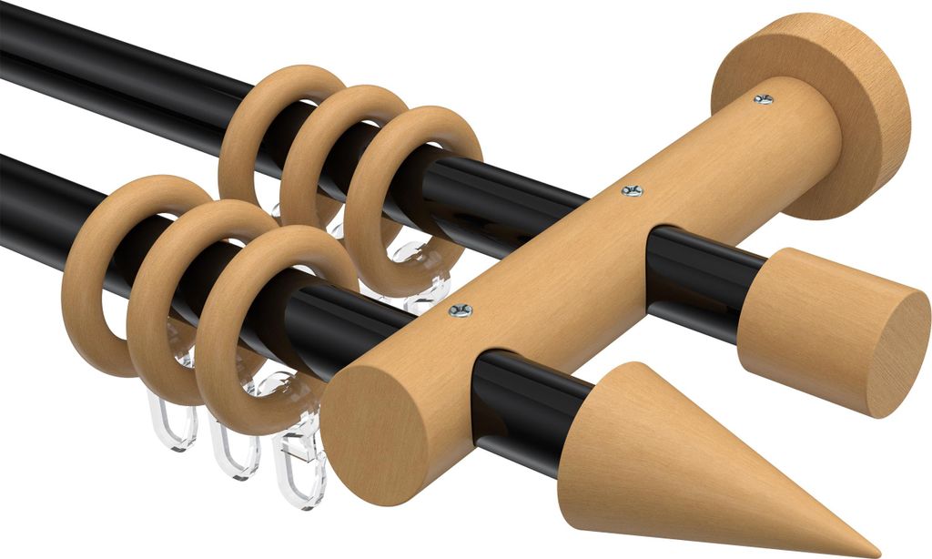 Interdeco Gardinenstange / Vorhangstange Schwarz / Buche lackiert, Typ Talena Siveo (Kegel), 20 mm Ø 2-läufig, 120 cm