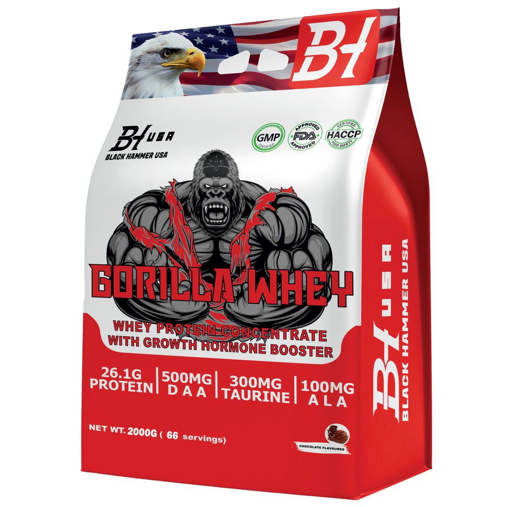 Gorilla Whey Protein 2000g Schoko – Taurine, ALA, DAA – Eiweißshake für Muskelaufbau & Regeneration – Black Hammer USA
