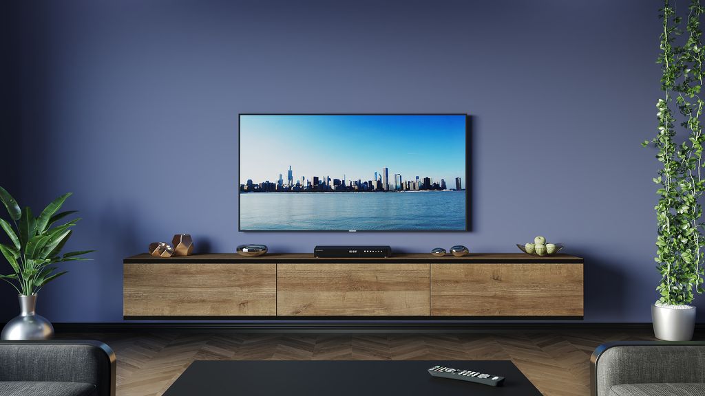 FURNITECH TV Lowboard TV Board hängend I TV Schrank/203 cm Eiche Gold, Schwarze Zierleiste M9-24M-DZ4-LCZ1-1C