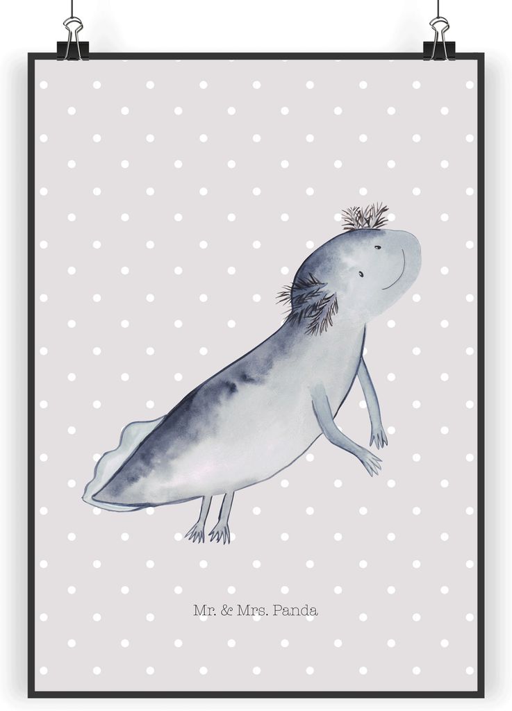 Mr. & Mrs. Panda Bild Axolotl Schwimmen DIN A5 - Grau Pastell - Geschenk, Problem, Lurch, drucke, Wandbild, wanddeko, glücklich, Kunstdruck, Lösu...