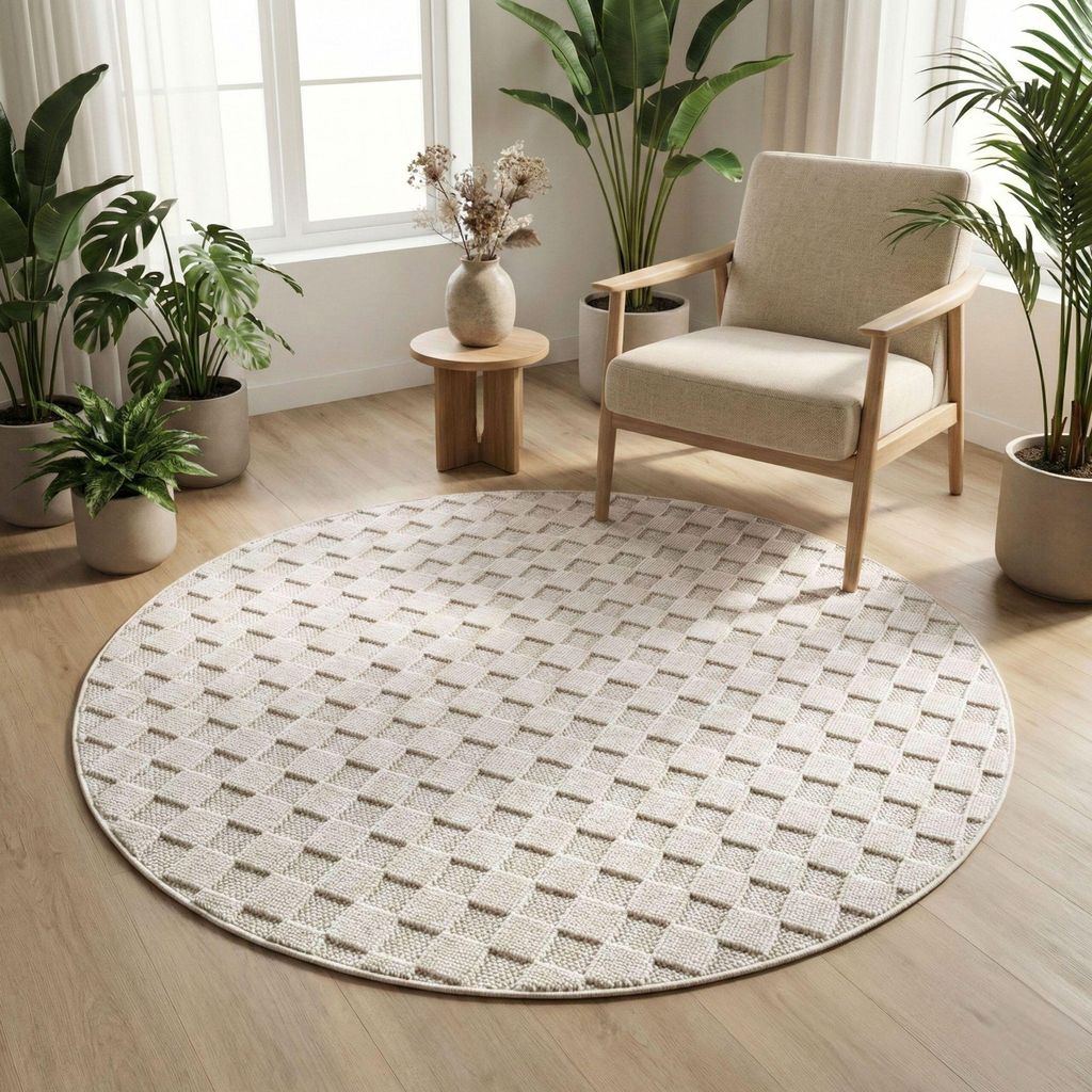 Carpetsale24 Teppich Wohnzimmer Bouclé Schlingenflor Skandi Stil Karo Design Robust Superweich für Schlafzimmer, Grösse: 160 cm Rund