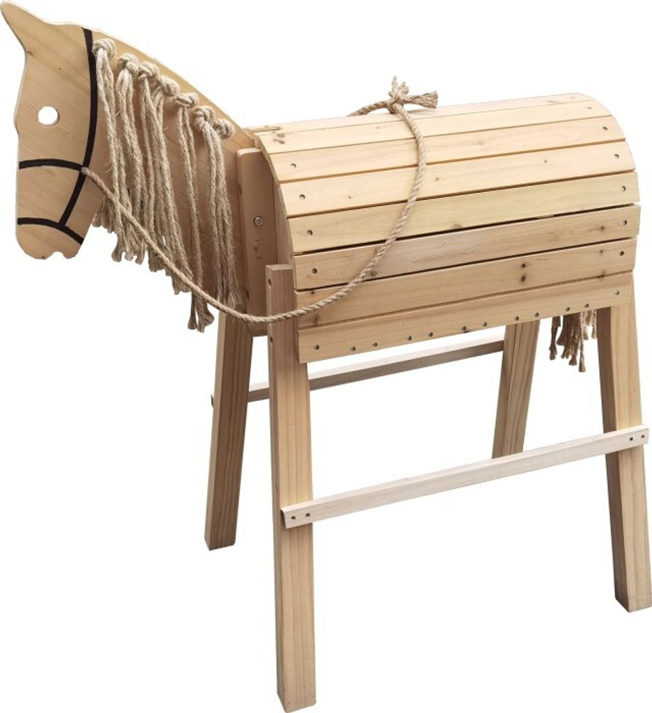 A wooden rocking horse toy on a white background.
