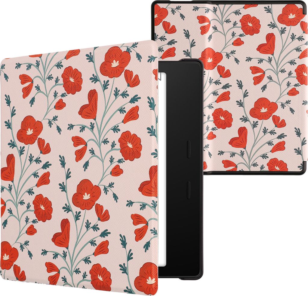kwmobile Schutzhülle für Amazon Kindle Oasis 10. Generation Hülle - eReader Flip Case mit Auto Sleep Funktion - Mohnblumen mit Rot Grün Beige