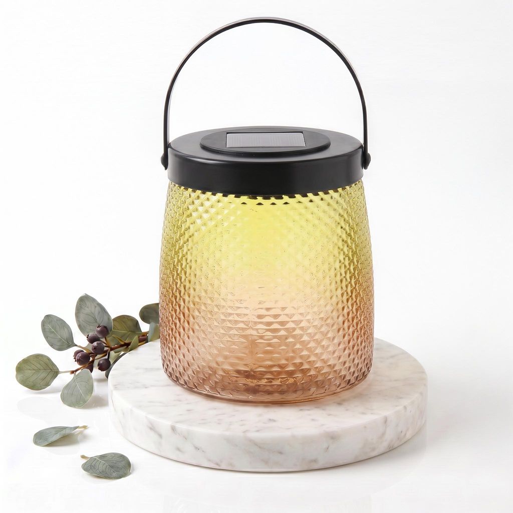 HOFER Solarlampe für außen hängend, aus Glas - gelb/orange - „LIORA“ - Wetterfeste LED Solarlaterne für draußen – Hängelampe Outdoor f...