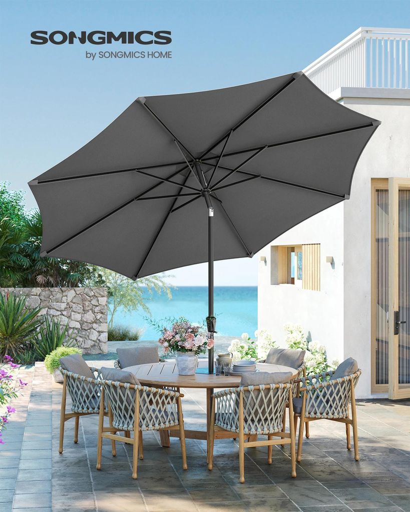 Garten-Sonnenschirm - 340 cm - UPF 50+ UV-Schutz - Kurbel zum Öffnen/Schließen - 30° neigbar - Dunkelgrau