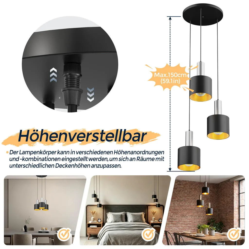 XMTECH Suspension Industrielle E27 3 Lampes Noir Argent Métal pour Salon
