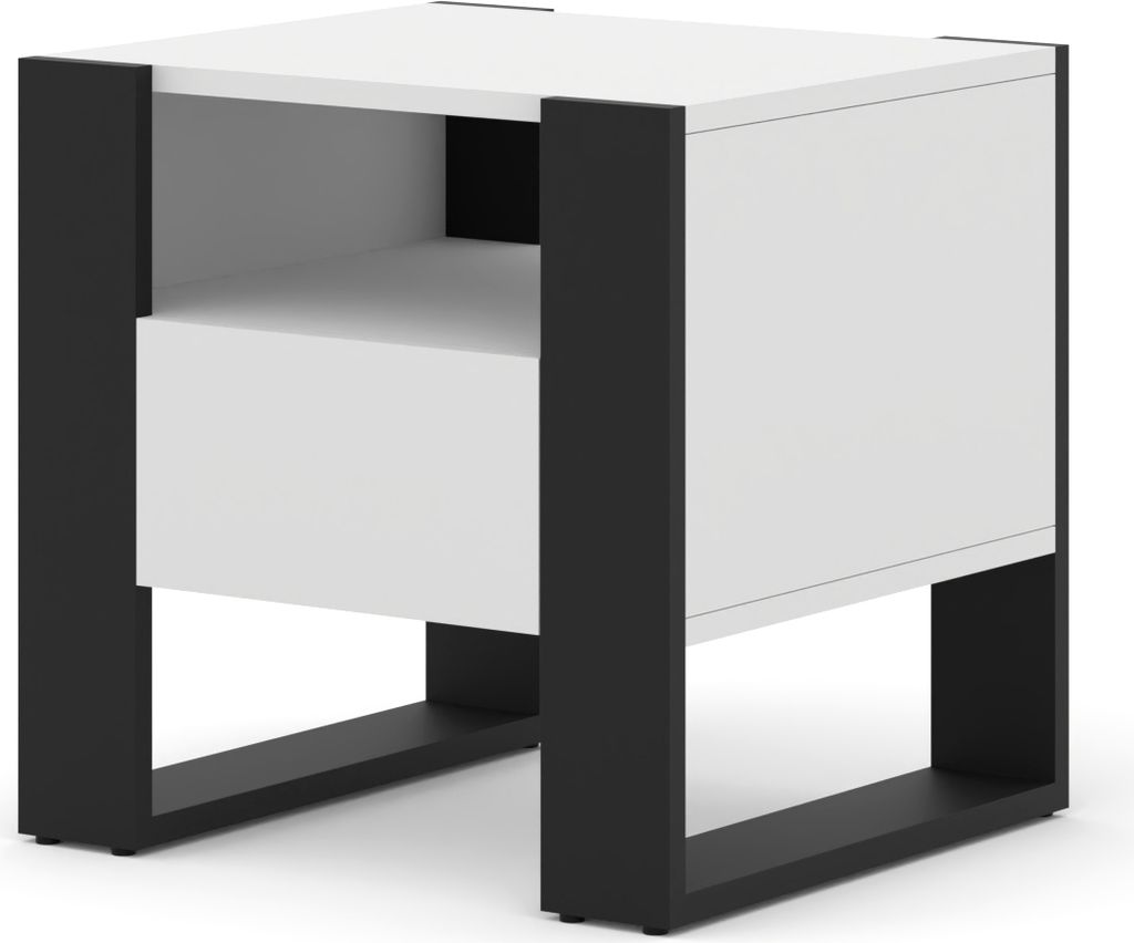 Nachttisch MONDI 48 cm Nachtschrank mit 1 Schublade Weiße Matte / Schwarz