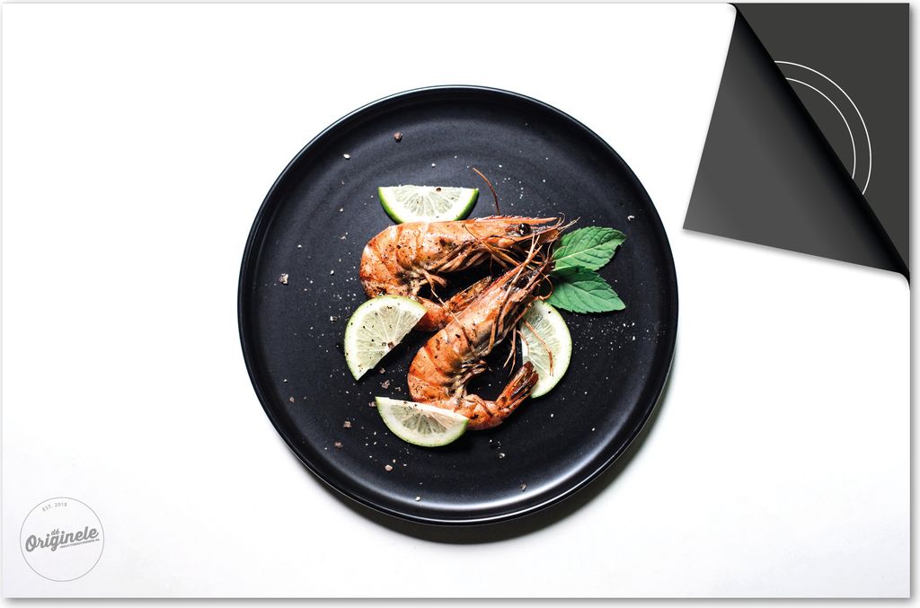 Induktionsschutz 65x52 - abdeckplatte Induktion matt- Dietrix Kochfeldschutz- Exklusive - Food - Shrimps auf einem Teller
