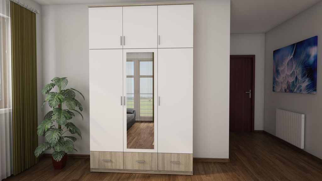 Kleiderschrank 150/242 in Eiche hell/Weiß mit Spiegel und Schubladen