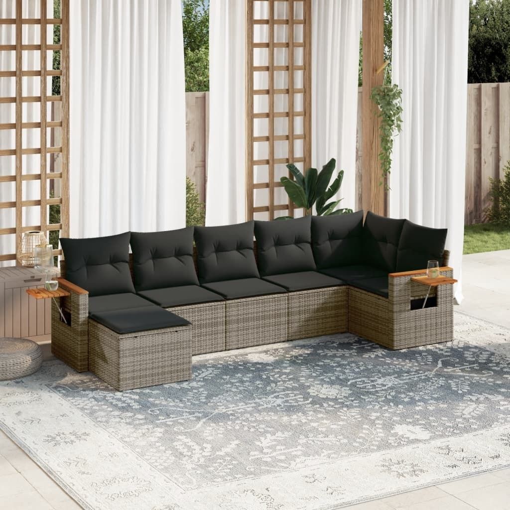 Design 7-tlg. Garten-Sofagarnitur mit Kissen Grau Poly Rattan, Gartenmöbel-Sets 2024 Neu