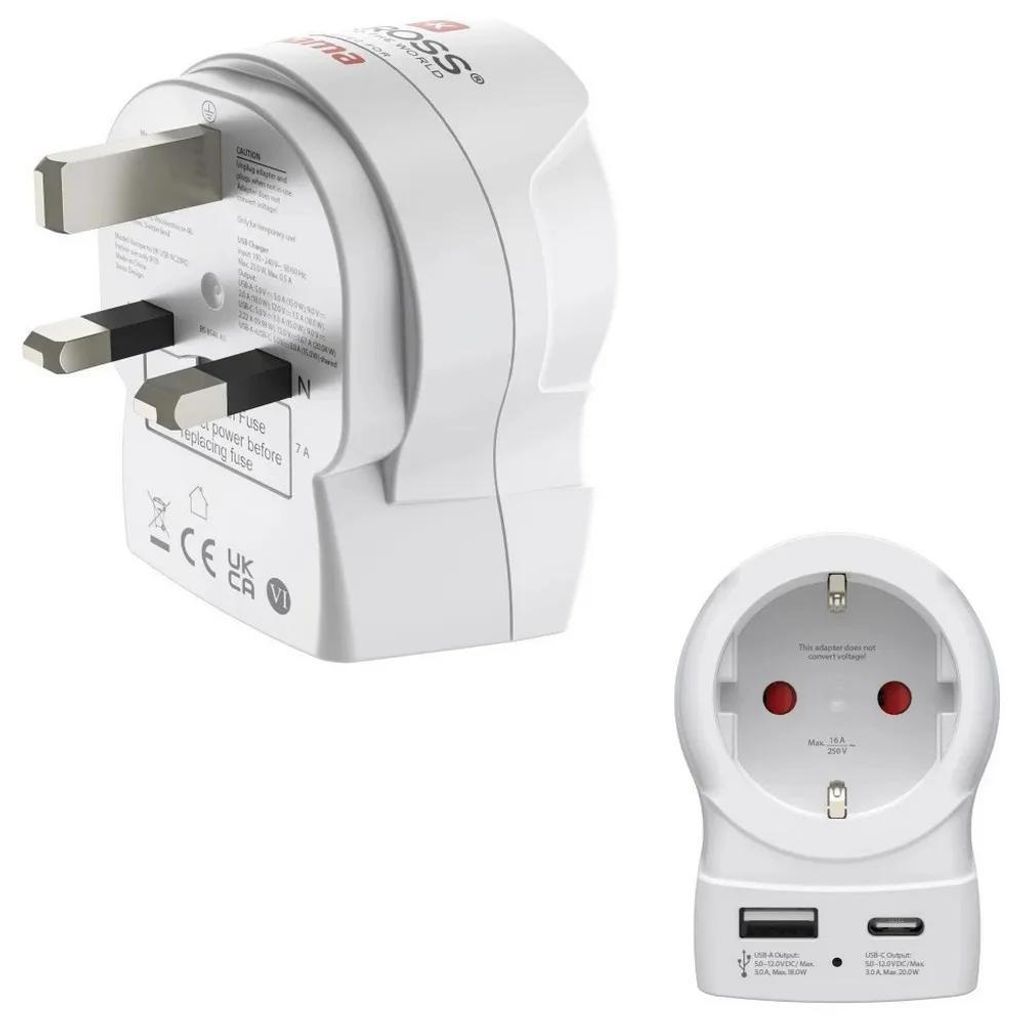 Adaptateur de voyage "EU to UK", 1 x USB-A, 1 x USB-C (PD), Image du produit 