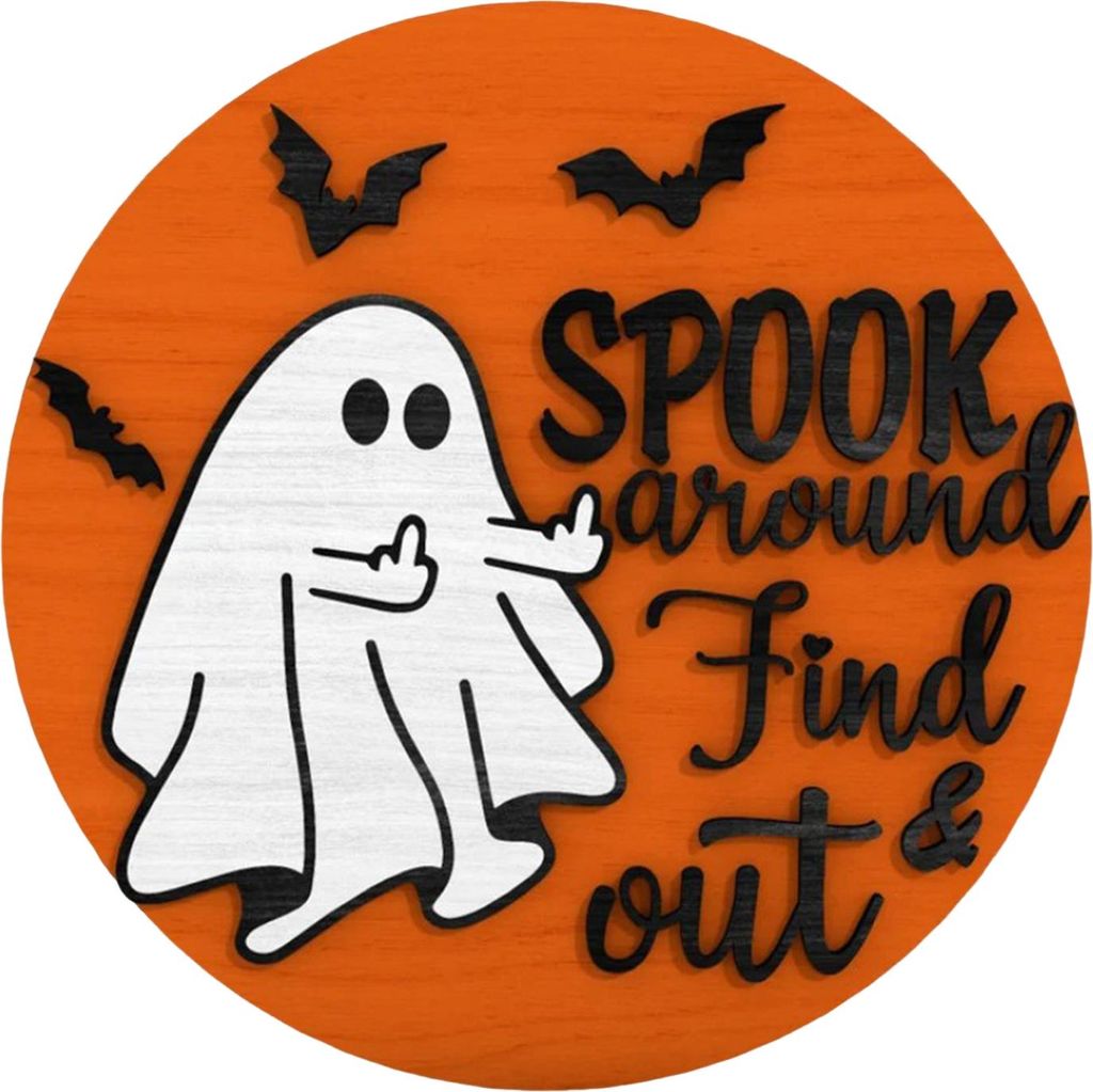 Halloween-Geist-Türschild, Spook Around Find Out, Willkommensschild, Veranda, hängende Holztafel für Zuhause, Fenster, Wanddekoration