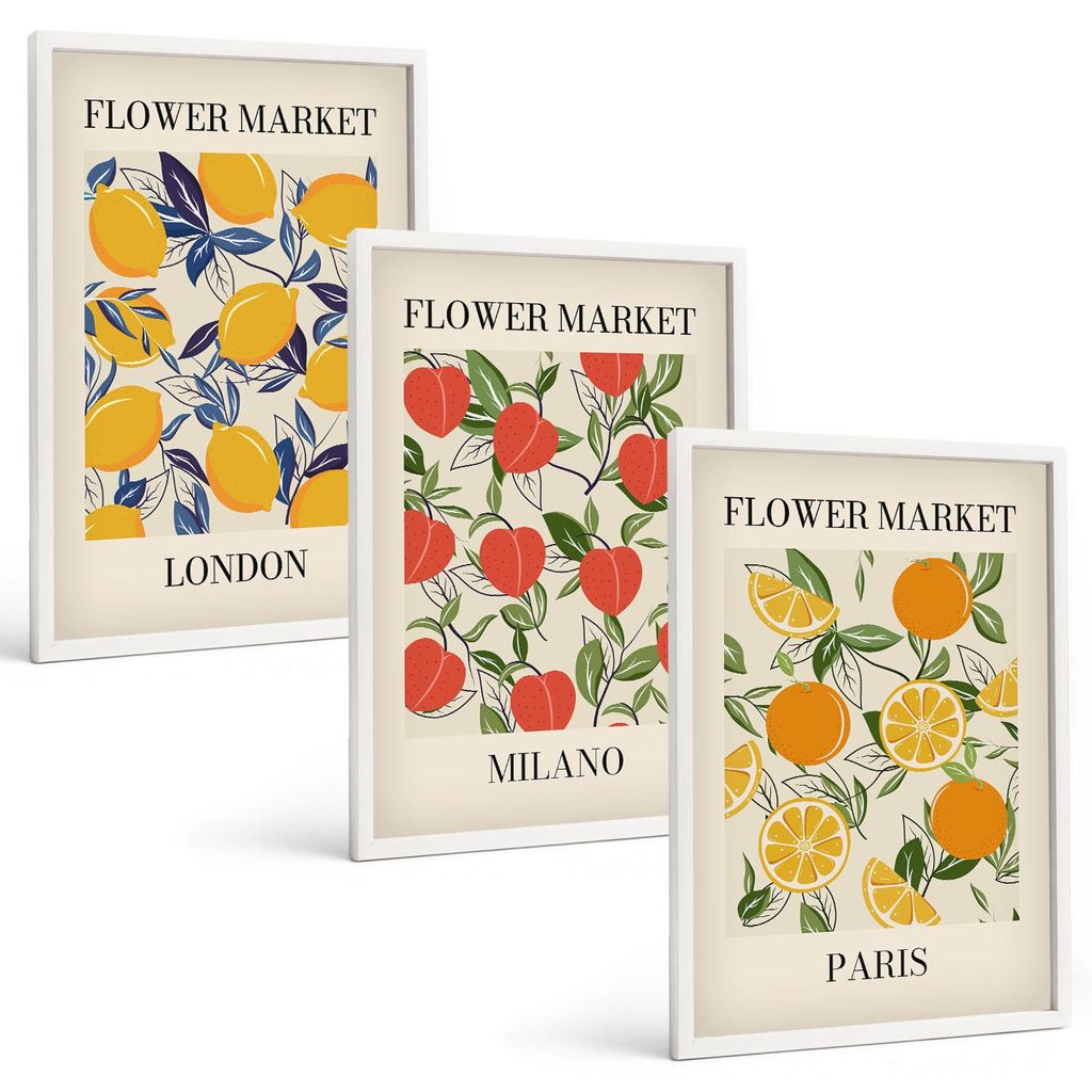 Bilder Set 3-teilig im weißen Rahmen – Wandbilder 3 Stück – gerahmte Poster für Wohnzimmer, Schlafzimmer und Flur – 40x60 cm – Blumenpla...