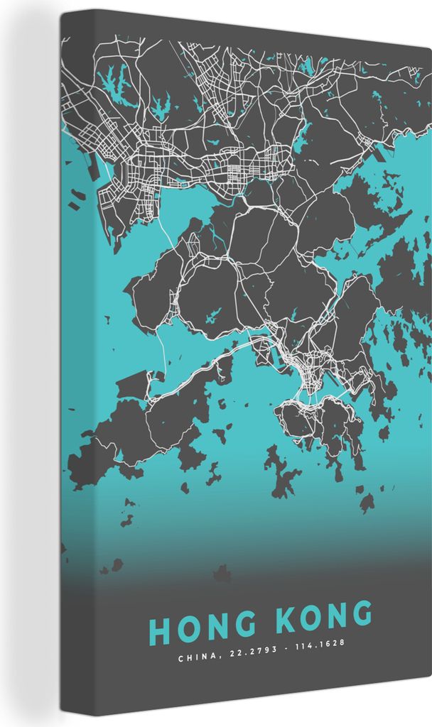 OneMillionCanvasses - Leinwandbilder - 90x140 cm, Hongkong - Stadtplan - Karte - Blau, Wandbilder Kunstdruck Wanddekoration - Foto auf Leinwand -...