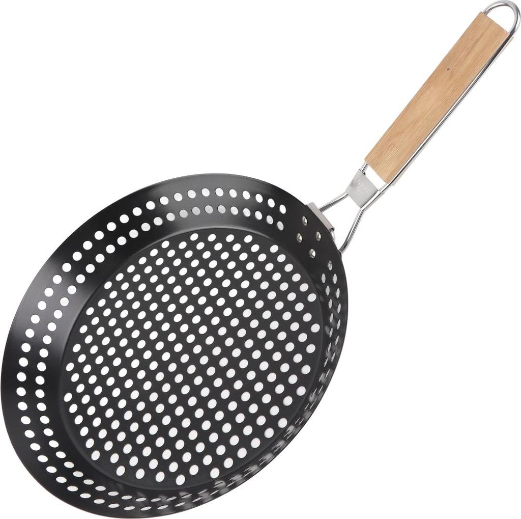 Antihaft-Metall-Grillpfanne mit klappbarem Holzgriff Grillpfanne mit Löchern für Outdoor-Grill Topper Grillpfanne für Gemüse Meeresfrüchte Fle...