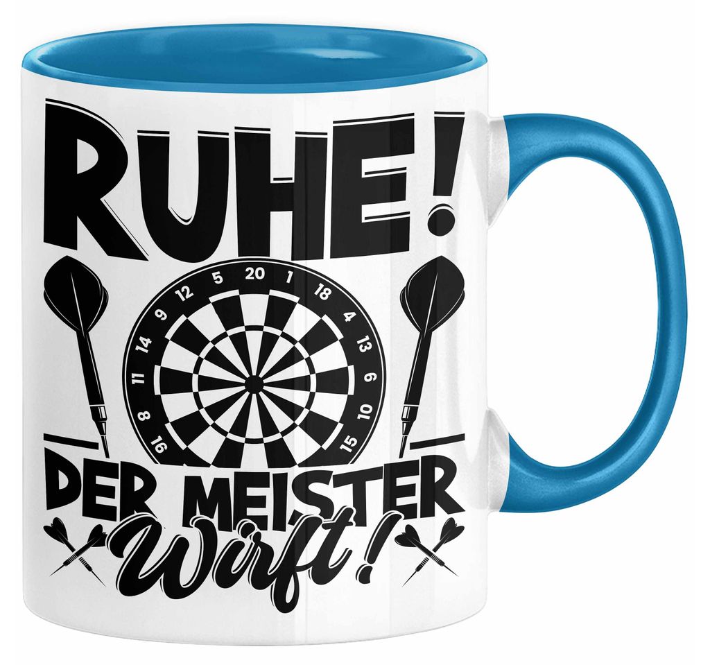 Dart-Spieler Geschenk Tasse Kaffee-Becher Darts Geschenkidee Spruch Geburtstag Ruhe Der Meister Wirft (Blau)