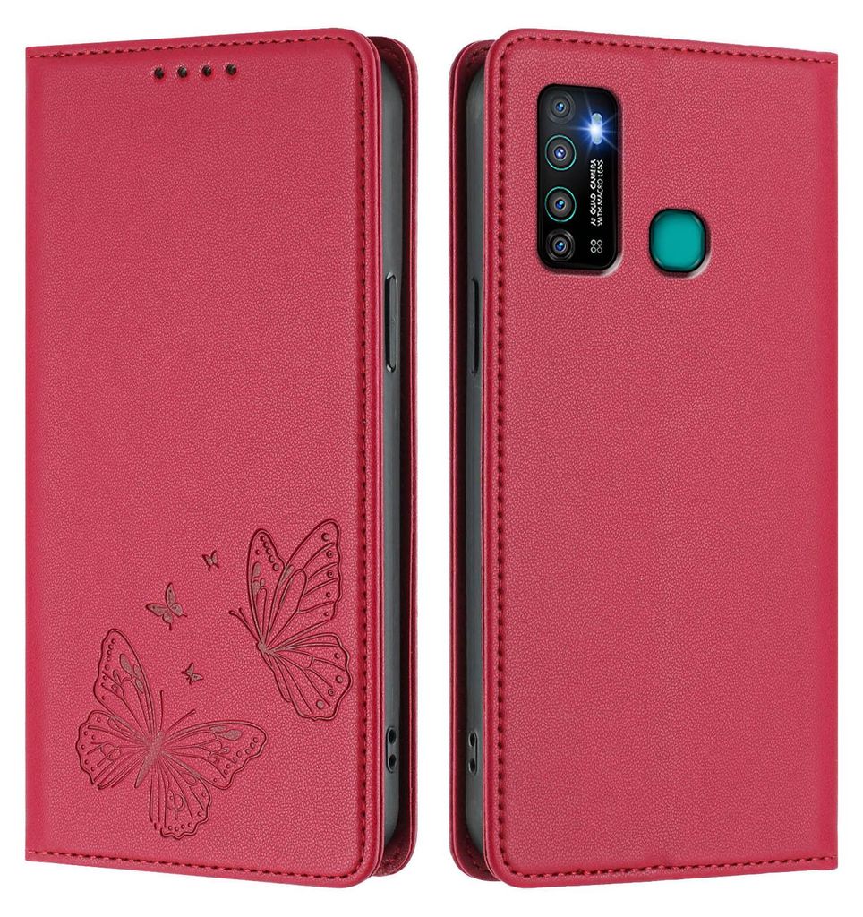 Lederhülle für Tecno Camon 15/15 Air/Infinix Hot 9/Hot 9 Pro, Schmetterling Prägung Leder Brieftasche Schutzhülle mit Ständer Rot