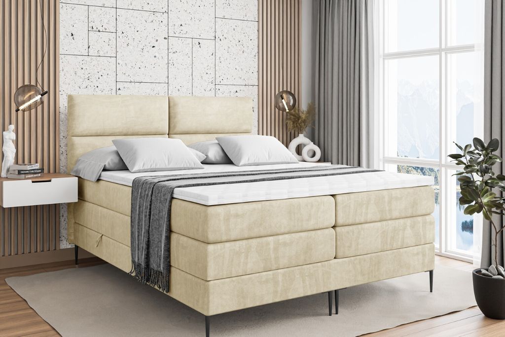 ALTDECOR Boxspringbett mit Schwarz Füßen, Matratze und Lattenrost, Topper, Polsterbett mit Bettkasten, Bett mit Stauraum H3- und H4- Matratze, Do...