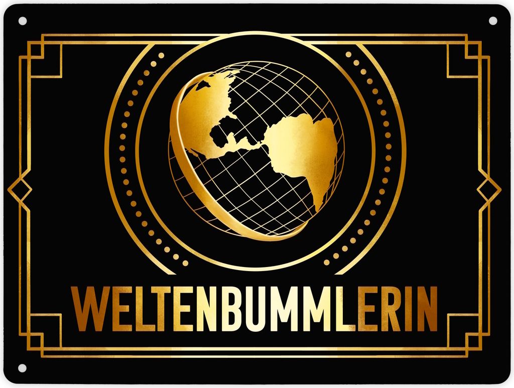 Weltenbummlerin Metallschild XL in 21x28 cm mit goldenem Globus und Reisemotiv