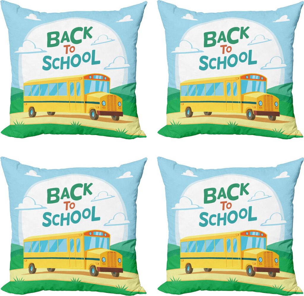 ABAKUHAUS Schulbus Kissenbezug Set (4 Stück), Back to School Begrüßung, Moderner Doppelseitiger Digitaldruck, 60 cm x 60 cm, Mehrfarbig