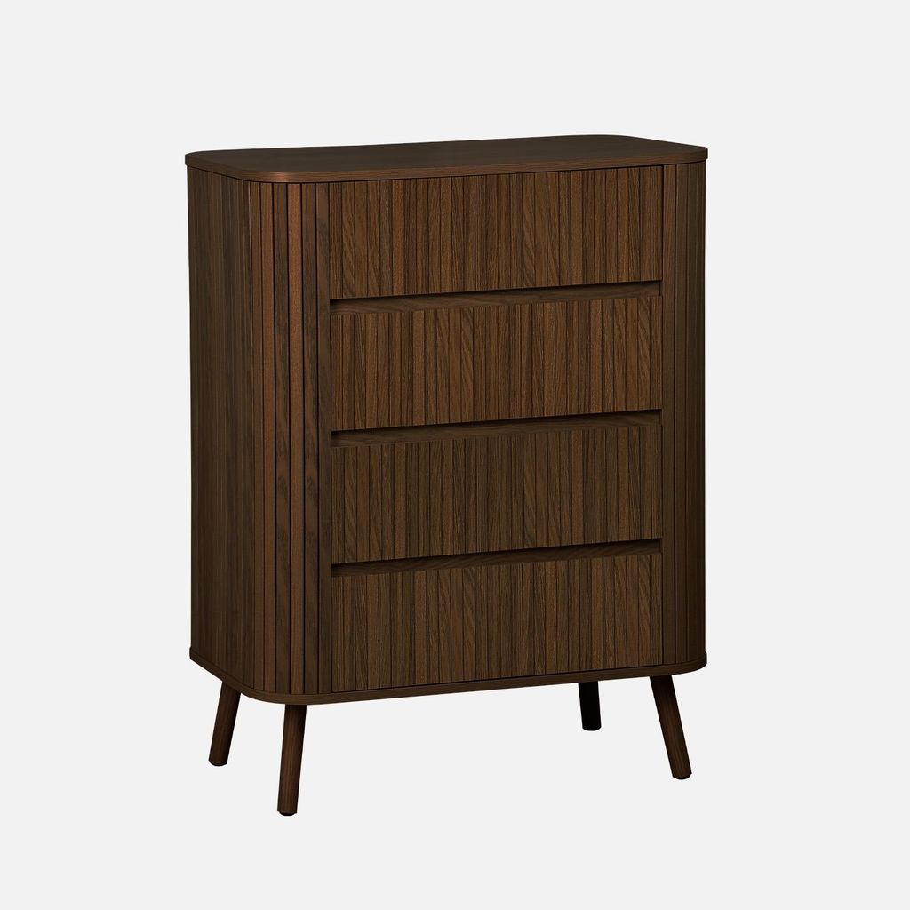 sweeek - Kommode geriffeltes Holzdekor 4 Schubladen - Nussbaumfarben